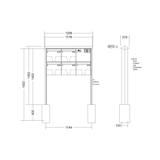 Briefkastenanlage freistehend Renz Prisma 1-6 fach, Sprech - Klingel: mit Sprech Klingel, Montageart: zum Einbetonieren, Kastengröße: 370 x 330 x 100mm ( 12 Liter ), Teilnehmer: 5 Teilnehmer, Anlagenfarbe: Standard Farben