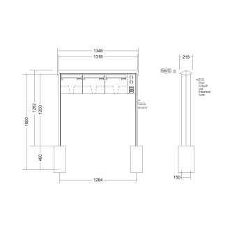Briefkastenanlage freistehend Renz Prisma 1-6 fach, Sprech - Klingel: mit Sprech Klingel, Montageart: zum Einbetonieren, Kastengröße: 370 x 330 x 100mm ( 12 Liter ), Teilnehmer: 3 Teilnehmer, Anlagenfarbe: Edelstahl V4A