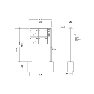 Briefkastenanlage freistehend Renz Prisma 1-6 fach, Sprech - Klingel: mit Sprech Klingel, Montageart: zum Einbetonieren, Kastengröße: 370 x 330 x 100mm ( 12 Liter ), Teilnehmer: 4 Teilnehmer, Anlagenfarbe: Edelstahl V4A