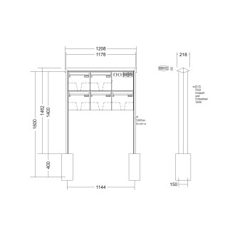 Briefkastenanlage freistehend Renz Prisma 1-6 fach, Sprech - Klingel: mit Sprech Klingel, Montageart: zum Einbetonieren, Kastengröße: 370 x 330 x 100mm ( 12 Liter ), Teilnehmer: 5 Teilnehmer, Anlagenfarbe: Edelstahl V4A