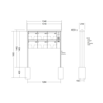 Briefkastenanlage freistehend Renz Prisma 1-6 fach, Sprech - Klingel: mit Sprech Klingel, Montageart: zum Einbetonieren, Kastengröße: 370 x 330 x 100mm ( 12 Liter ), Teilnehmer: 6 Teilnehmer, Anlagenfarbe: Edelstahl V4A