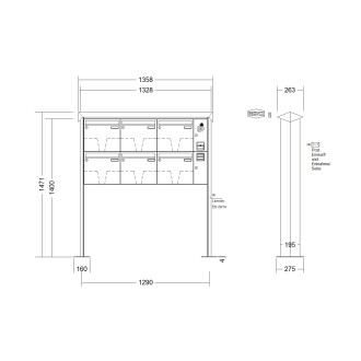 Briefkastenanlage freistehend Renz Prisma 1-6 fach, Sprech - Klingel: mit Sprech Klingel, Montageart: zum Aufschrauben, Kastengröße: 370 x 330 x 145mm ( 17 Liter ), Teilnehmer: 6 Teilnehmer, Anlagenfarbe: Standard Farben