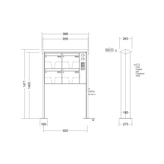 Briefkastenanlage freistehend Renz Prisma 1-6 fach, Sprech - Klingel: mit Sprech Klingel, Montageart: zum Aufschrauben, Kastengröße: 370 x 330 x 145mm ( 17 Liter ), Teilnehmer: 4 Teilnehmer, Anlagenfarbe: Edelstahl V4A