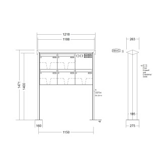 Briefkastenanlage freistehend Renz Prisma 1-6 fach, Sprech - Klingel: mit Sprech Klingel, Montageart: zum Aufschrauben, Kastengröße: 370 x 330 x 145mm ( 17 Liter ), Teilnehmer: 5 Teilnehmer, Anlagenfarbe: Edelstahl V4A