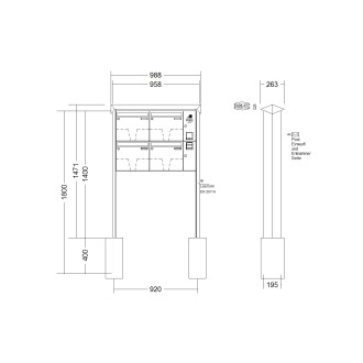 Briefkastenanlage freistehend Renz Prisma 1-6 fach, Sprech - Klingel: mit Sprech Klingel, Montageart: zum Einbetonieren, Kastengröße: 370 x 330 x 145mm ( 17 Liter ), Teilnehmer: 4 Teilnehmer, Anlagenfarbe: Standard Farben