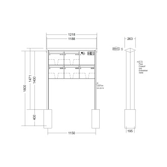Briefkastenanlage freistehend Renz Prisma 1-6 fach, Sprech - Klingel: mit Sprech Klingel, Montageart: zum Einbetonieren, Kastengröße: 370 x 330 x 145mm ( 17 Liter ), Teilnehmer: 5 Teilnehmer, Anlagenfarbe: Standard Farben