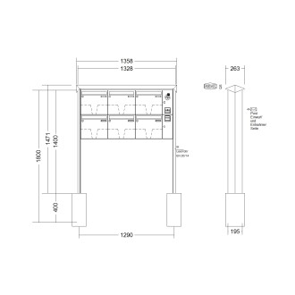 Briefkastenanlage freistehend Renz Prisma 1-6 fach, Sprech - Klingel: mit Sprech Klingel, Montageart: zum Einbetonieren, Kastengröße: 370 x 330 x 145mm ( 17 Liter ), Teilnehmer: 6 Teilnehmer, Anlagenfarbe: Standard Farben