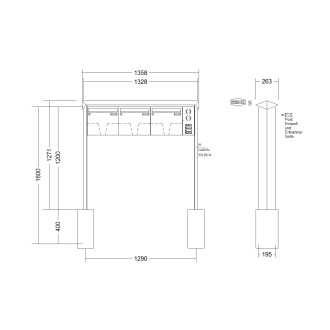 Briefkastenanlage freistehend Renz Prisma 1-6 fach, Sprech - Klingel: mit Sprech Klingel, Montageart: zum Einbetonieren, Kastengröße: 370 x 330 x 145mm ( 17 Liter ), Teilnehmer: 3 Teilnehmer, Anlagenfarbe: Edelstahl V4A