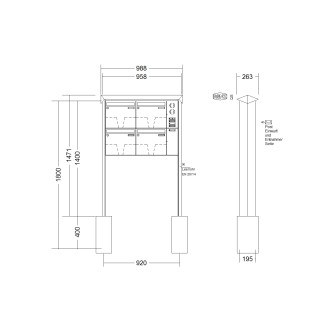 Briefkastenanlage freistehend Renz Prisma 1-6 fach, Sprech - Klingel: mit Sprech Klingel, Montageart: zum Einbetonieren, Kastengröße: 370 x 330 x 145mm ( 17 Liter ), Teilnehmer: 4 Teilnehmer, Anlagenfarbe: Edelstahl V4A