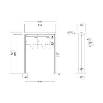 Briefkastenanlage freistehend Renz Prisma 1-6 fach, Sprech - Klingel: mit Sprech Klingel, Montageart: zum Aufschrauben, Kastengröße: 370 x 440 x 145mm ( 23 Liter ), Teilnehmer: 2 Teilnehmer, Anlagenfarbe: Standard Farben