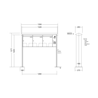 Briefkastenanlage freistehend Renz Prisma 1-6 fach, Sprech - Klingel: mit Sprech Klingel, Montageart: zum Aufschrauben, Kastengröße: 370 x 440 x 145mm ( 23 Liter ), Teilnehmer: 3 Teilnehmer, Anlagenfarbe: Standard Farben