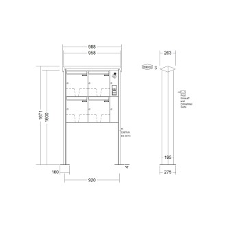 Briefkastenanlage freistehend Renz Prisma 1-6 fach, Sprech - Klingel: mit Sprech Klingel, Montageart: zum Aufschrauben, Kastengröße: 370 x 440 x 145mm ( 23 Liter ), Teilnehmer: 4 Teilnehmer, Anlagenfarbe: Standard Farben