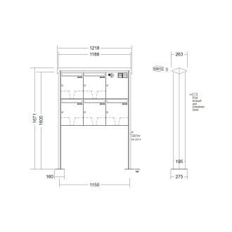 Briefkastenanlage freistehend Renz Prisma 1-6 fach, Sprech - Klingel: mit Sprech Klingel, Montageart: zum Aufschrauben, Kastengröße: 370 x 440 x 145mm ( 23 Liter ), Teilnehmer: 5 Teilnehmer, Anlagenfarbe: Standard Farben