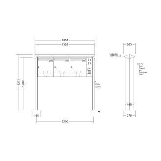 Briefkastenanlage freistehend Renz Prisma 1-6 fach, Sprech - Klingel: mit Sprech Klingel, Montageart: zum Aufschrauben, Kastengröße: 370 x 440 x 145mm ( 23 Liter ), Teilnehmer: 3 Teilnehmer, Anlagenfarbe: Edelstahl V4A