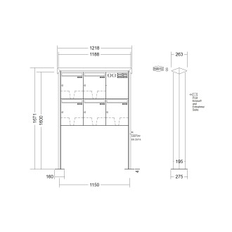 Briefkastenanlage freistehend Renz Prisma 1-6 fach, Sprech - Klingel: mit Sprech Klingel, Montageart: zum Aufschrauben, Kastengröße: 370 x 440 x 145mm ( 23 Liter ), Teilnehmer: 5 Teilnehmer, Anlagenfarbe: Edelstahl V4A