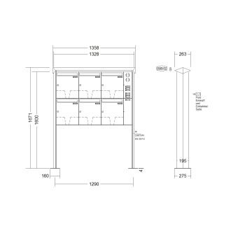 Briefkastenanlage freistehend Renz Prisma 1-6 fach, Sprech - Klingel: mit Sprech Klingel, Montageart: zum Aufschrauben, Kastengröße: 370 x 440 x 145mm ( 23 Liter ), Teilnehmer: 6 Teilnehmer, Anlagenfarbe: Edelstahl V4A