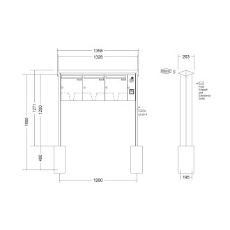 Briefkastenanlage freistehend Renz Prisma 1-6 fach, Sprech - Klingel: mit Sprech Klingel, Montageart: zum Einbetonieren, Kastengröße: 370 x 440 x 145mm ( 23 Liter ), Teilnehmer: 3 Teilnehmer, Anlagenfarbe: Standard Farben