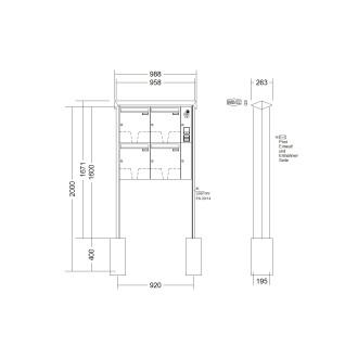 Briefkastenanlage freistehend Renz Prisma 1-6 fach, Sprech - Klingel: mit Sprech Klingel, Montageart: zum Einbetonieren, Kastengröße: 370 x 440 x 145mm ( 23 Liter ), Teilnehmer: 4 Teilnehmer, Anlagenfarbe: Standard Farben