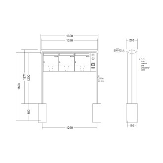 Briefkastenanlage freistehend Renz Prisma 1-6 fach, Sprech - Klingel: mit Sprech Klingel, Montageart: zum Einbetonieren, Kastengröße: 370 x 440 x 145mm ( 23 Liter ), Teilnehmer: 3 Teilnehmer, Anlagenfarbe: Edelstahl V4A