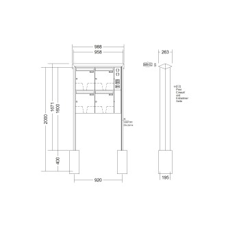 Briefkastenanlage freistehend Renz Prisma 1-6 fach, Sprech - Klingel: mit Sprech Klingel, Montageart: zum Einbetonieren, Kastengröße: 370 x 440 x 145mm ( 23 Liter ), Teilnehmer: 4 Teilnehmer, Anlagenfarbe: Edelstahl V4A