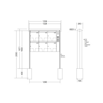 Briefkastenanlage freistehend Renz Prisma 1-6 fach, Sprech - Klingel: mit Sprech Klingel, Montageart: zum Einbetonieren, Kastengröße: 370 x 440 x 145mm ( 23 Liter ), Teilnehmer: 6 Teilnehmer, Anlagenfarbe: Edelstahl V4A