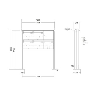 Briefkastenanlage freistehend Renz Prisma 1-6 fach, Sprech - Klingel: ohne Sprech - Klingel, Montageart: zum Aufschrauben, Kastengröße: 370 x 330 x 100mm ( 12 Liter ), Teilnehmer: 5 Teilnehmer, Anlagenfarbe: Standard Farben