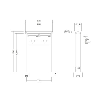 Briefkastenanlage freistehend Renz Prisma 1-6 fach, Sprech - Klingel: ohne Sprech - Klingel, Montageart: zum Aufschrauben, Kastengröße: 370 x 330 x 100mm ( 12 Liter ), Teilnehmer: 2 Teilnehmer, Anlagenfarbe: Edelstahl V4A