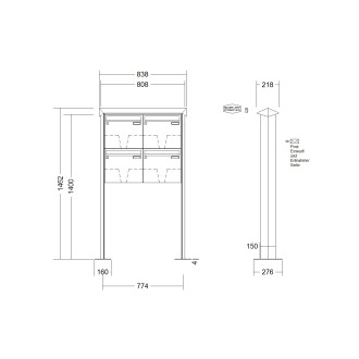 Briefkastenanlage freistehend Renz Prisma 1-6 fach, Sprech - Klingel: ohne Sprech - Klingel, Montageart: zum Aufschrauben, Kastengröße: 370 x 330 x 100mm ( 12 Liter ), Teilnehmer: 4 Teilnehmer, Anlagenfarbe: Edelstahl V4A
