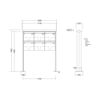 Briefkastenanlage freistehend Renz Prisma 1-6 fach, Sprech - Klingel: ohne Sprech - Klingel, Montageart: zum Aufschrauben, Kastengröße: 370 x 330 x 100mm ( 12 Liter ), Teilnehmer: 6 Teilnehmer, Anlagenfarbe: Edelstahl V4A