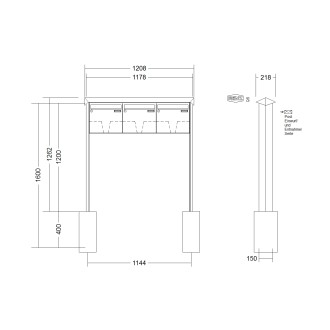 Briefkastenanlage freistehend Renz Prisma 1-6 fach, Sprech - Klingel: ohne Sprech - Klingel, Montageart: zum Einbetonieren, Kastengröße: 370 x 330 x 100mm ( 12 Liter ), Teilnehmer: 3 Teilnehmer, Anlagenfarbe: Standard Farben