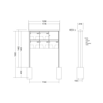 Briefkastenanlage freistehend Renz Prisma 1-6 fach, Sprech - Klingel: ohne Sprech - Klingel, Montageart: zum Einbetonieren, Kastengröße: 370 x 330 x 100mm ( 12 Liter ), Teilnehmer: 5 Teilnehmer, Anlagenfarbe: Standard Farben