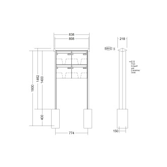 Briefkastenanlage freistehend Renz Prisma 1-6 fach, Sprech - Klingel: ohne Sprech - Klingel, Montageart: zum Einbetonieren, Kastengröße: 370 x 330 x 100mm ( 12 Liter ), Teilnehmer: 4 Teilnehmer, Anlagenfarbe: Edelstahl V4A