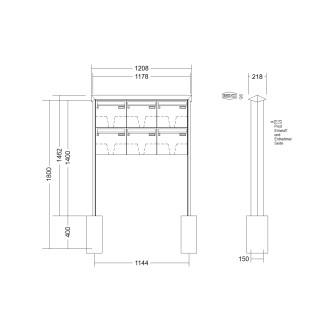 Briefkastenanlage freistehend Renz Prisma 1-6 fach, Sprech - Klingel: ohne Sprech - Klingel, Montageart: zum Einbetonieren, Kastengröße: 370 x 330 x 100mm ( 12 Liter ), Teilnehmer: 6 Teilnehmer, Anlagenfarbe: Edelstahl V4A