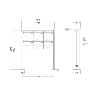Briefkastenanlage freistehend Renz Prisma 1-6 fach, Sprech - Klingel: ohne Sprech - Klingel, Montageart: zum Aufschrauben, Kastengröße: 370 x 330 x 145mm ( 17 Liter ), Teilnehmer: 6 Teilnehmer, Anlagenfarbe: Standard Farben