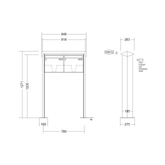 Briefkastenanlage freistehend Renz Prisma 1-6 fach, Sprech - Klingel: ohne Sprech - Klingel, Montageart: zum Aufschrauben, Kastengröße: 370 x 330 x 145mm ( 17 Liter ), Teilnehmer: 2 Teilnehmer, Anlagenfarbe: Edelstahl V4A
