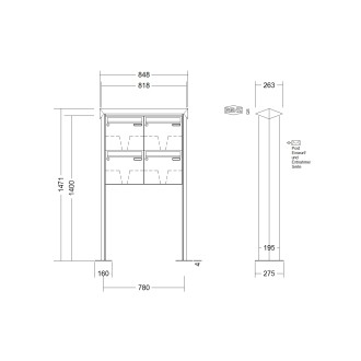 Briefkastenanlage freistehend Renz Prisma 1-6 fach, Sprech - Klingel: ohne Sprech - Klingel, Montageart: zum Aufschrauben, Kastengröße: 370 x 330 x 145mm ( 17 Liter ), Teilnehmer: 4 Teilnehmer, Anlagenfarbe: Edelstahl V4A