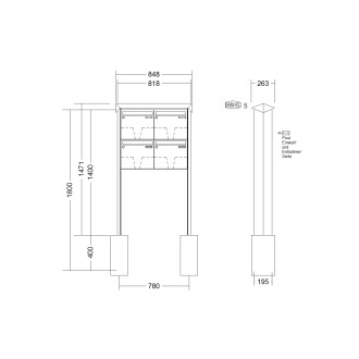 Briefkastenanlage freistehend Renz Prisma 1-6 fach, Sprech - Klingel: ohne Sprech - Klingel, Montageart: zum Einbetonieren, Kastengröße: 370 x 330 x 145mm ( 17 Liter ), Teilnehmer: 4 Teilnehmer, Anlagenfarbe: Standard Farben