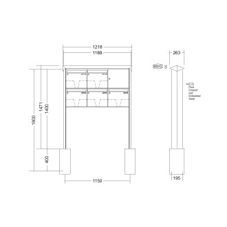 Briefkastenanlage freistehend Renz Prisma 1-6 fach, Sprech - Klingel: ohne Sprech - Klingel, Montageart: zum Einbetonieren, Kastengröße: 370 x 330 x 145mm ( 17 Liter ), Teilnehmer: 5 Teilnehmer, Anlagenfarbe: Standard Farben