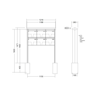 Briefkastenanlage freistehend Renz Prisma 1-6 fach, Sprech - Klingel: ohne Sprech - Klingel, Montageart: zum Einbetonieren, Kastengröße: 370 x 330 x 145mm ( 17 Liter ), Teilnehmer: 6 Teilnehmer, Anlagenfarbe: Edelstahl V4A