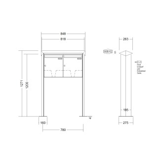 Briefkastenanlage freistehend Renz Prisma 1-6 fach, Sprech - Klingel: ohne Sprech - Klingel, Montageart: zum Aufschrauben, Kastengröße: 370 x 440 x 145mm ( 23 Liter ), Teilnehmer: 2 Teilnehmer, Anlagenfarbe: Standard Farben