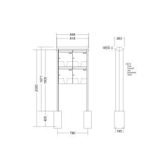 Briefkastenanlage freistehend Renz Prisma 1-6 fach, Sprech - Klingel: ohne Sprech - Klingel, Montageart: zum Einbetonieren, Kastengröße: 370 x 440 x 145mm ( 23 Liter ), Teilnehmer: 4 Teilnehmer, Anlagenfarbe: Standard Farben