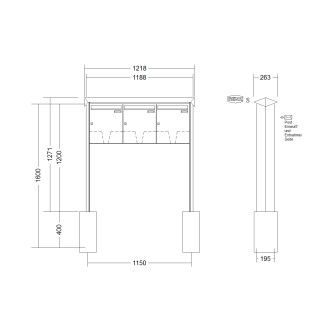 Briefkastenanlage freistehend Renz Prisma 1-6 fach, Sprech - Klingel: ohne Sprech - Klingel, Montageart: zum Einbetonieren, Kastengröße: 370 x 440 x 145mm ( 23 Liter ), Teilnehmer: 3 Teilnehmer, Anlagenfarbe: Edelstahl V4A
