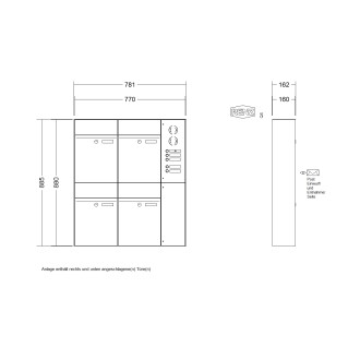 Briefkastenanlage Aufputz Renz Plan 1-6 fach, Sprech - Klingel: mit Sprech Klingel, Kastengröße: 300 x 440 x 160mm ( 21 Liter ), Teilnehmer: 4 Teilnehmer, Anlagenfarbe: Edelstahl V4A
