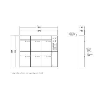 Briefkastenanlage Aufputz Renz Plan 1-6 fach, Sprech - Klingel: mit Sprech Klingel, Kastengröße: 300 x 440 x 160mm ( 21 Liter ), Teilnehmer: 6 Teilnehmer, Anlagenfarbe: Edelstahl V4A