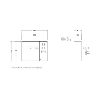 Briefkastenanlage Aufputz Renz Plan 1-6 fach, Sprech - Klingel: mit Sprech Klingel, Kastengröße: 400 x 440 x 160mm ( 28 Liter ), Teilnehmer: 1 Teilnehmer, Anlagenfarbe: Edelstahl V4A