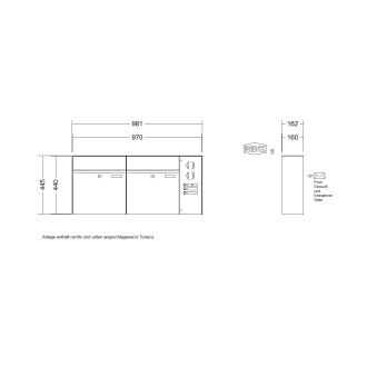 Briefkastenanlage Aufputz Renz Plan 1-6 fach, Sprech - Klingel: mit Sprech Klingel, Kastengröße: 400 x 440 x 160mm ( 28 Liter ), Teilnehmer: 2 Teilnehmer, Anlagenfarbe: Edelstahl V4A