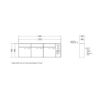 Briefkastenanlage Aufputz Renz Plan 1-6 fach, Sprech - Klingel: mit Sprech Klingel, Kastengröße: 400 x 440 x 160mm ( 28 Liter ), Teilnehmer: 3 Teilnehmer, Anlagenfarbe: Edelstahl V4A