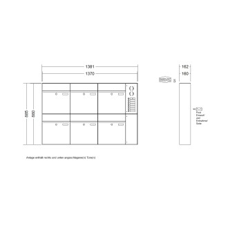Briefkastenanlage Aufputz Renz Plan 1-6 fach, Sprech - Klingel: mit Sprech Klingel, Kastengröße: 400 x 440 x 160mm ( 28 Liter ), Teilnehmer: 6 Teilnehmer, Anlagenfarbe: Standard Farben