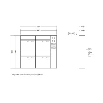 Briefkastenanlage Aufputz Renz Plan 1-6 fach, Sprech - Klingel: mit Sprech Klingel, Kastengröße: 400 x 440 x 160mm ( 28 Liter ), Teilnehmer: 4 Teilnehmer, Anlagenfarbe: Edelstahl V4A