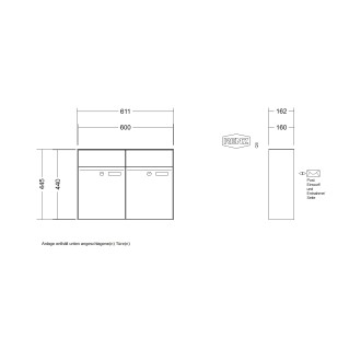 Briefkastenanlage Aufputz Renz Plan 1-6 fach, Sprech - Klingel: ohne Sprech - Klingel, Kastengröße: 300 x 440 x 160mm ( 21 Liter ), Teilnehmer: 2 Teilnehmer, Anlagenfarbe: Standard Farben